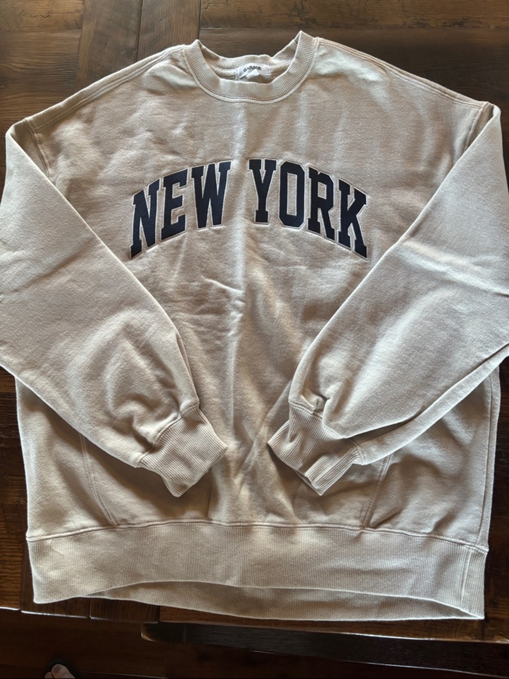 Garage NEW YORK Crewneck Sweatshirt - Beige with Navy Lettering